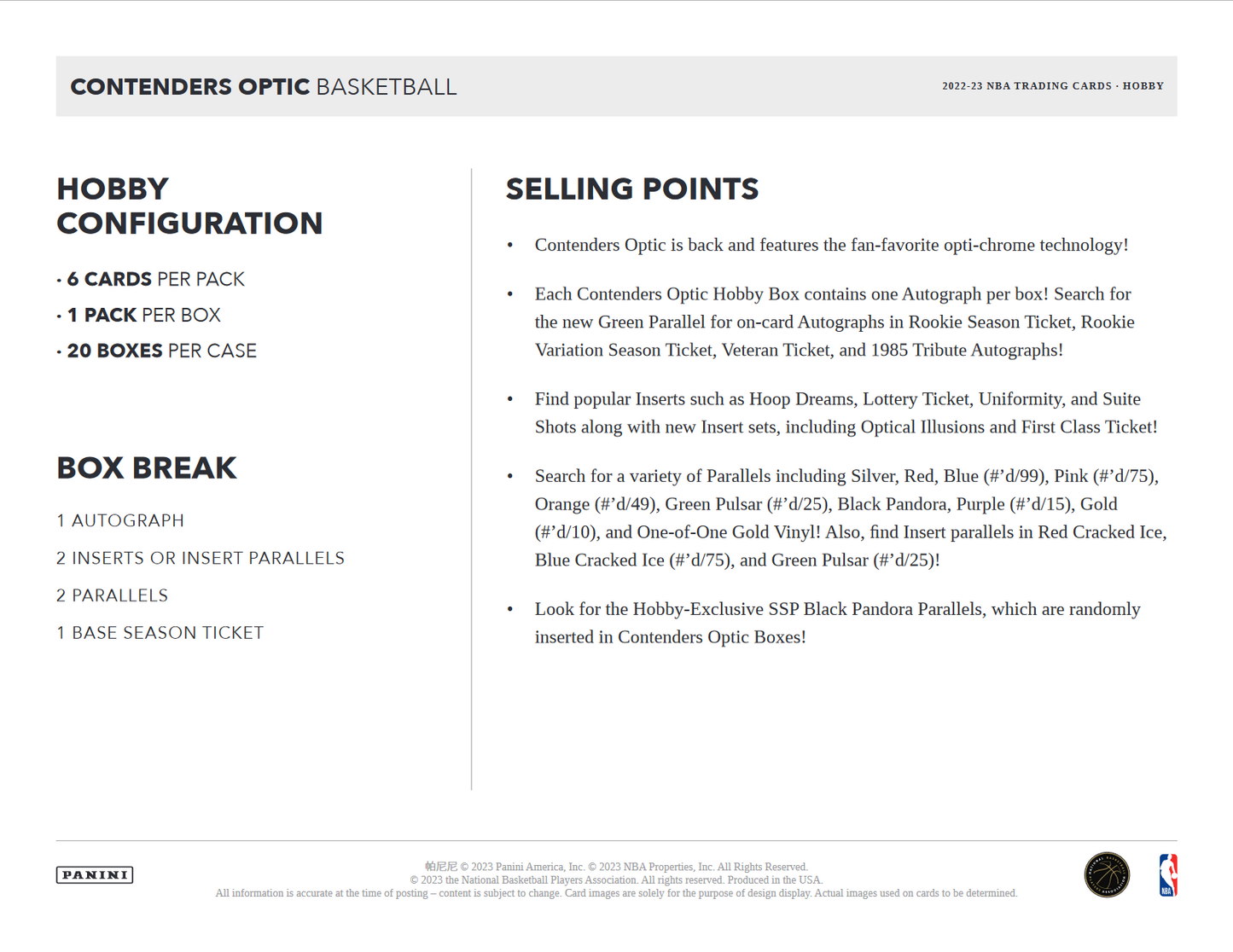2022-23 Panini Contenders Optic Basketball Hobby 10 Box Case